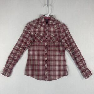 Kuhl Pearl Snap Long Sleeve Shirt Womens Small Red Plaid Western Cowboy Casual